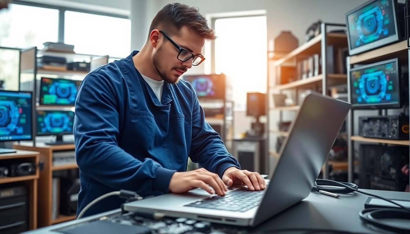 Riparazione computer torino, un tecnico informatico al lavoro in un laboratorio di riparazione computer.