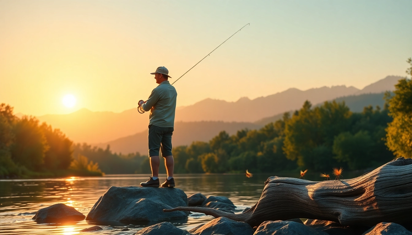 Experience fly fishing lessons near me with serene landscapes and an angler casting a line.