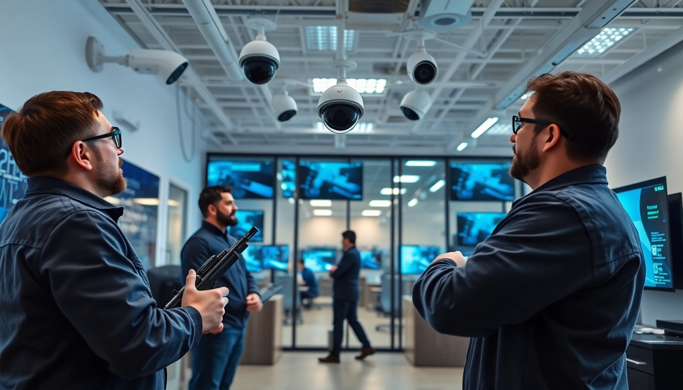 Technicians installing edmonton tech security systems in a modern office environment.