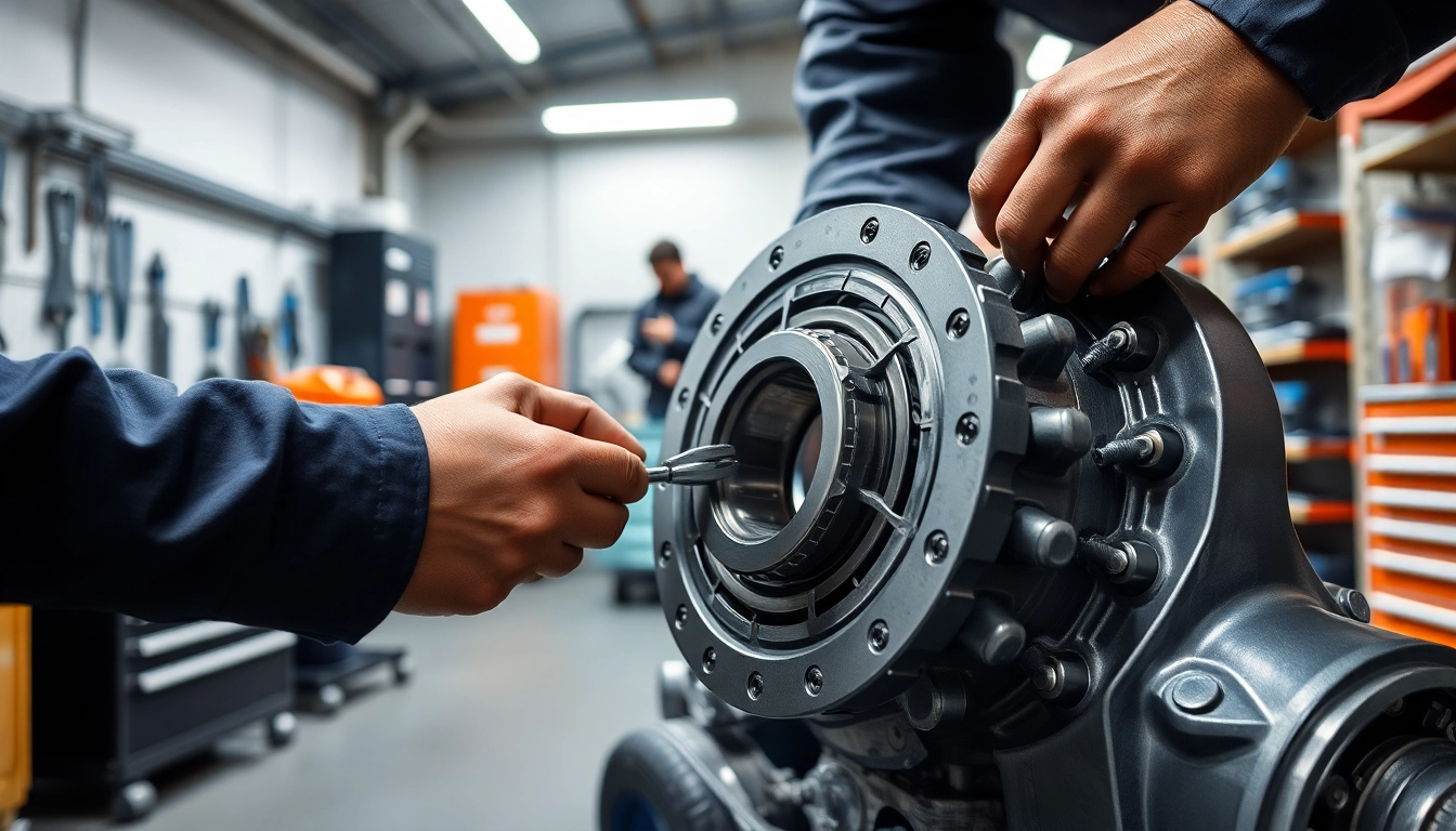 Mechanic conducting gearbox bearing replacement with focus on detailed tools and components.