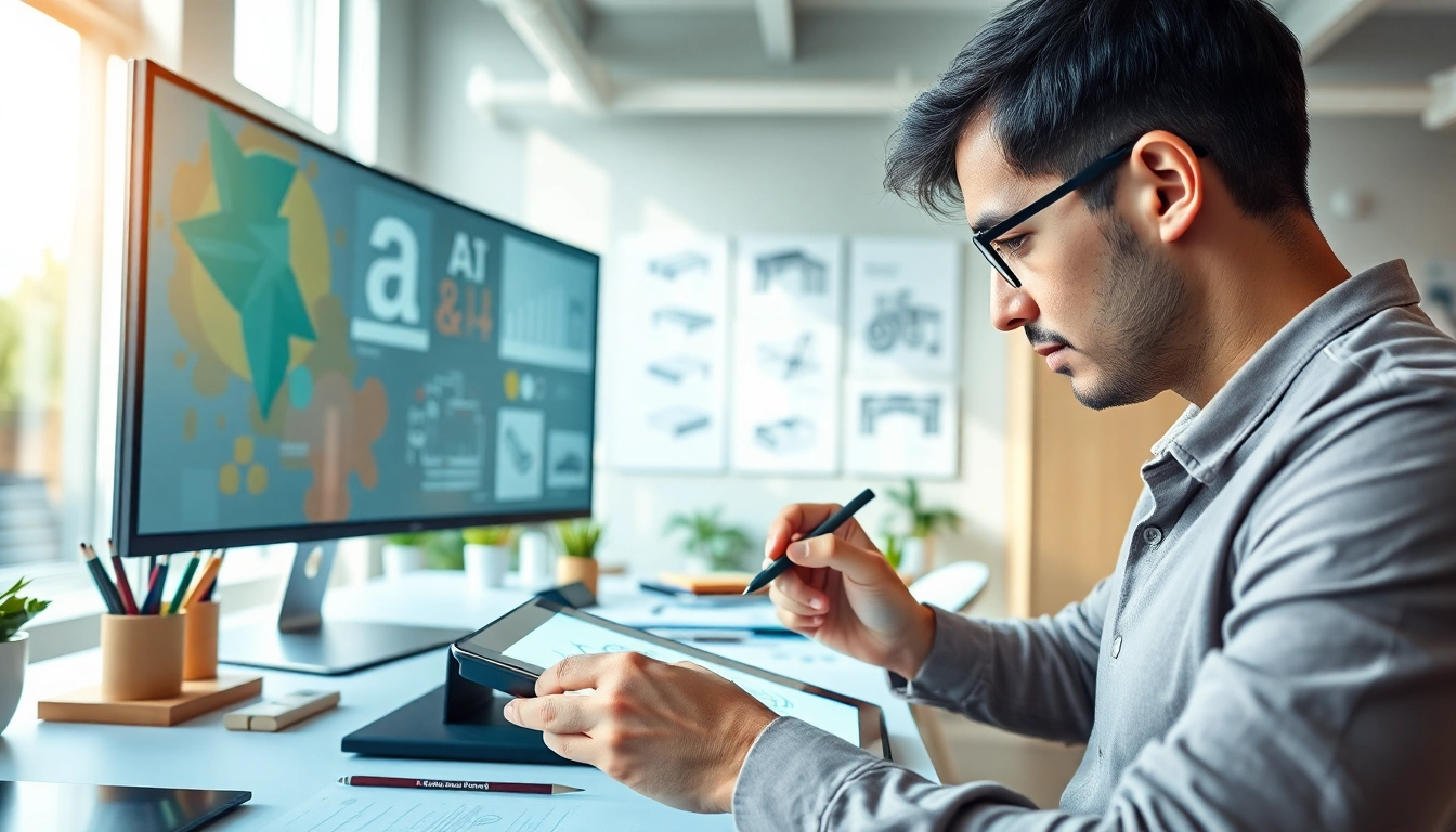 Creating innovative AI design solutions in a bright creative workspace.
