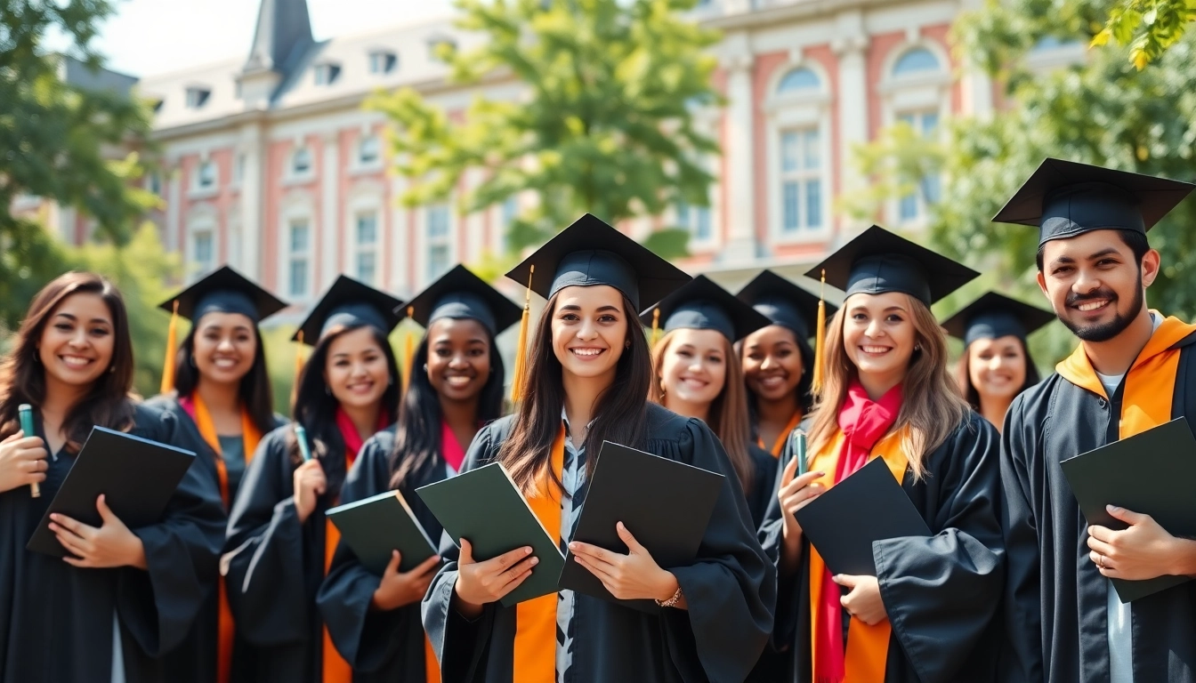 Buy UK degree graduates celebrating their achievements in academic robes on campus.