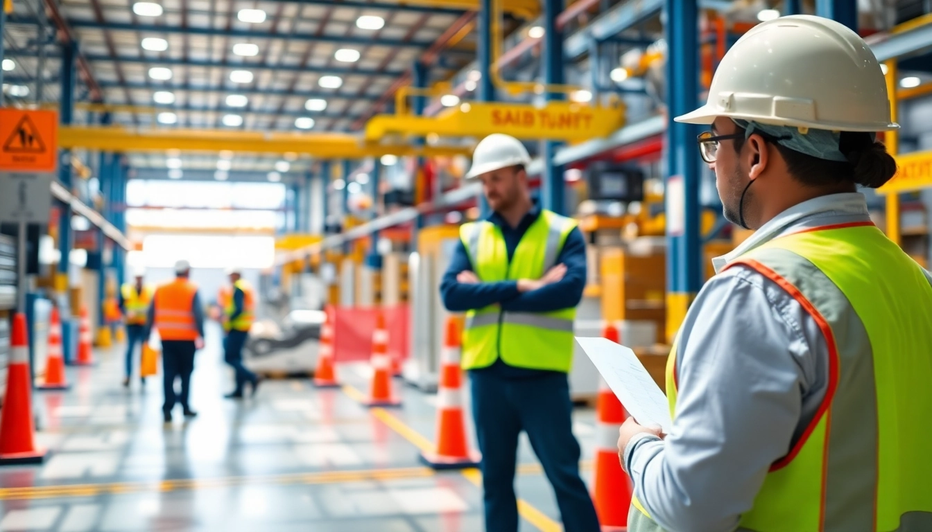 Conducting a Workplace Safety Audit with an auditor inspecting a factory environment.