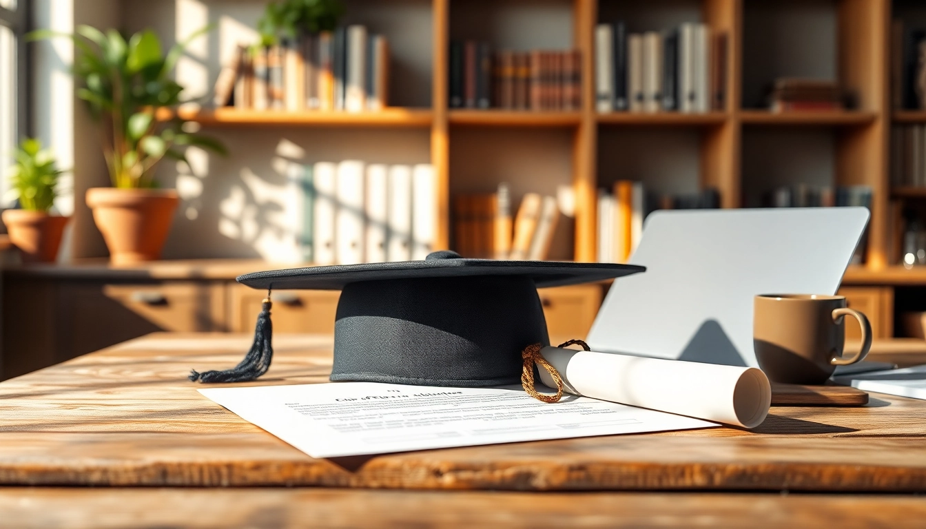 Show a diploma symbolizing degree for sale online with a graduation cap on a desk.