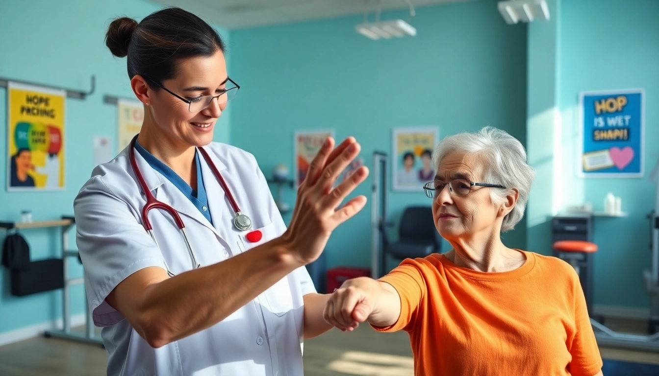 Engaged physiotherapy session for senior physiotherapy edmonton with a caring therapist and an elderly patient.