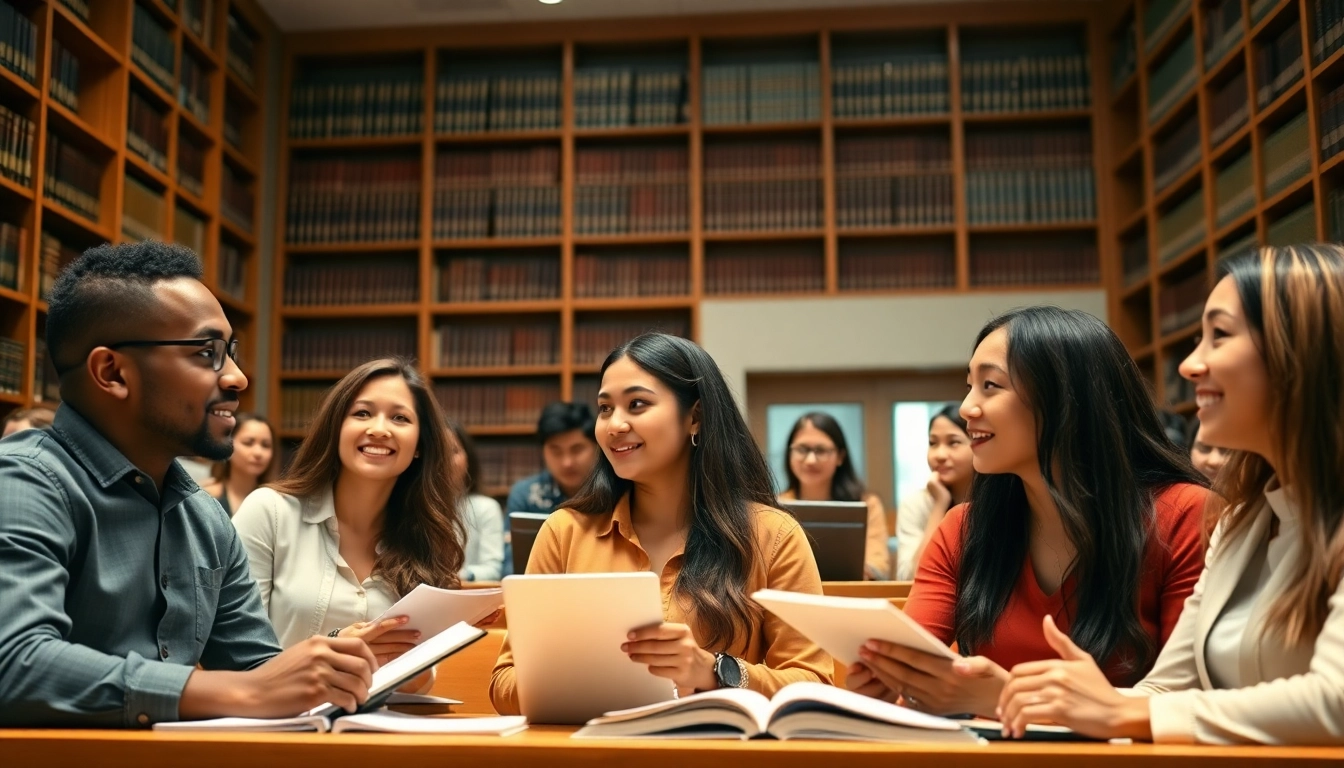 Law students actively discussing key themes of their JD degree in a lecture hall.