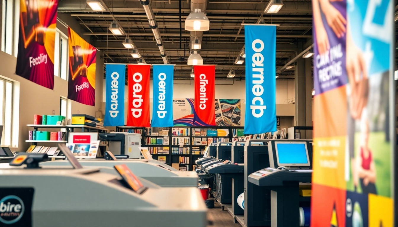 Vibrant printing workspace in an Edmonton print shop showcasing colorful printed materials.
