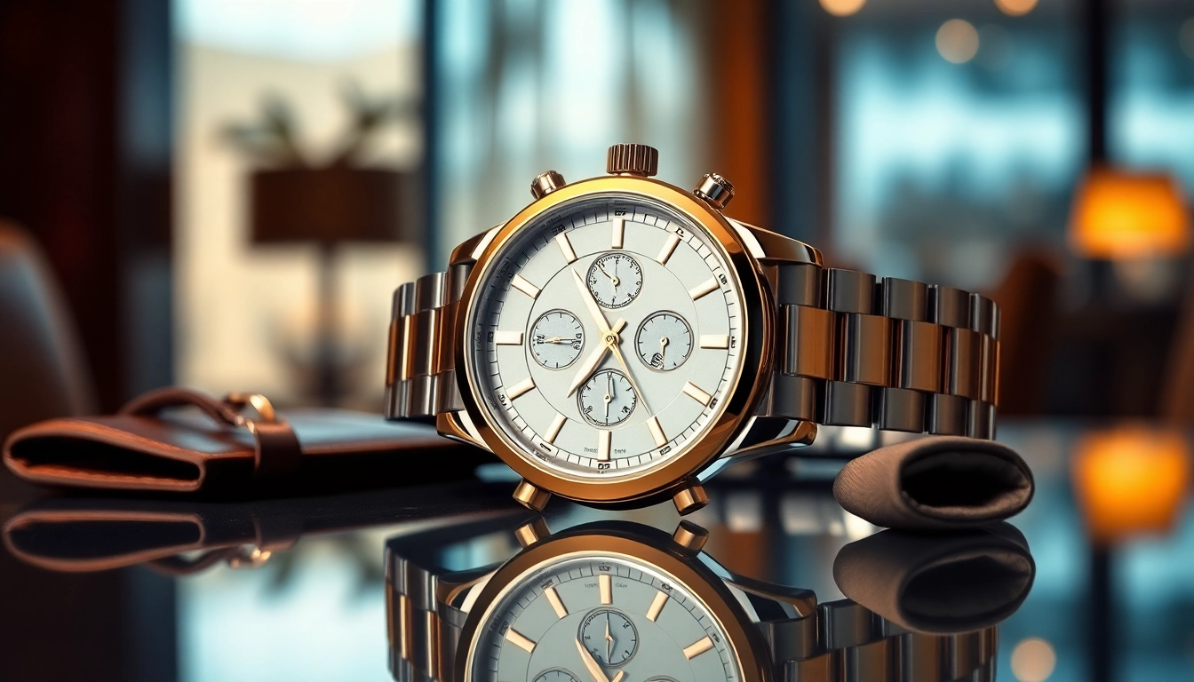 Sell luxury watch with elegance, showcasing a detailed timepiece against a reflective and luxurious setting.