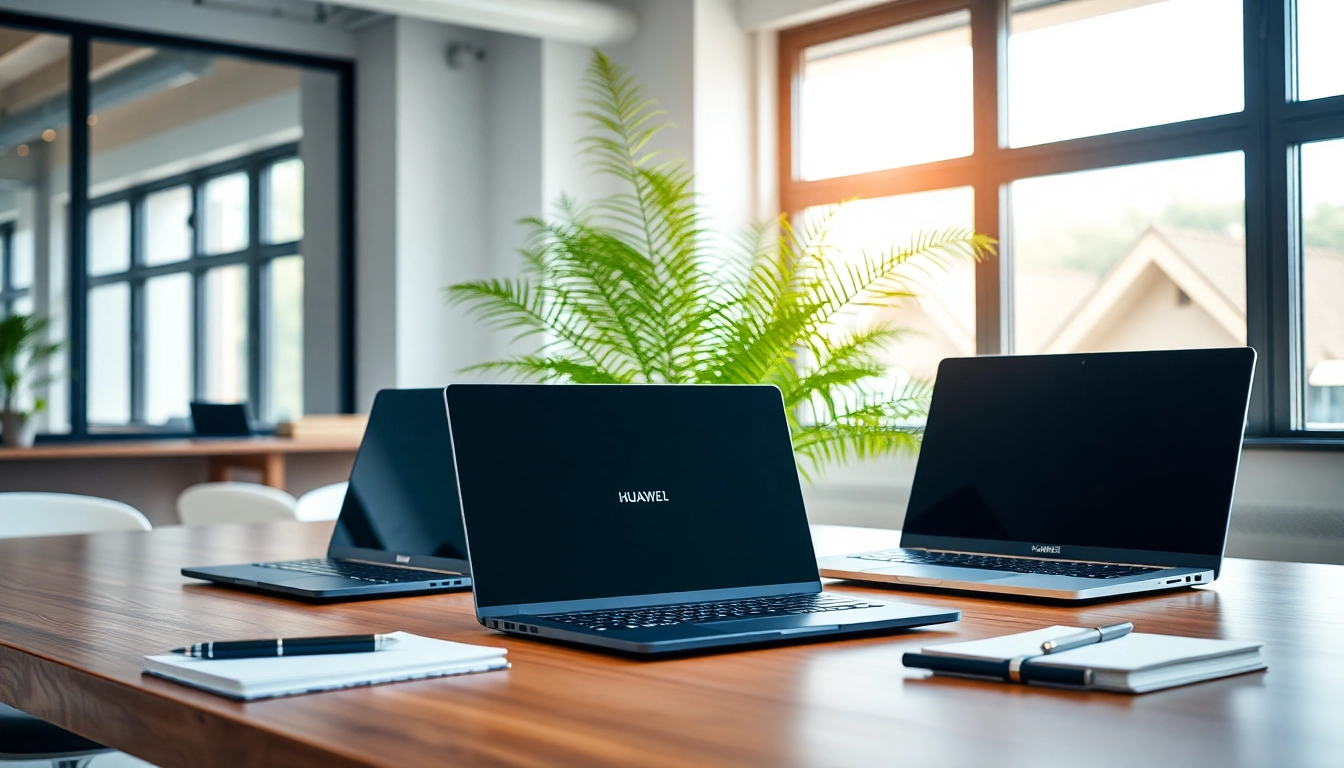 Comparar laptops Huawei de última generación en un elegante escritorio moderno.