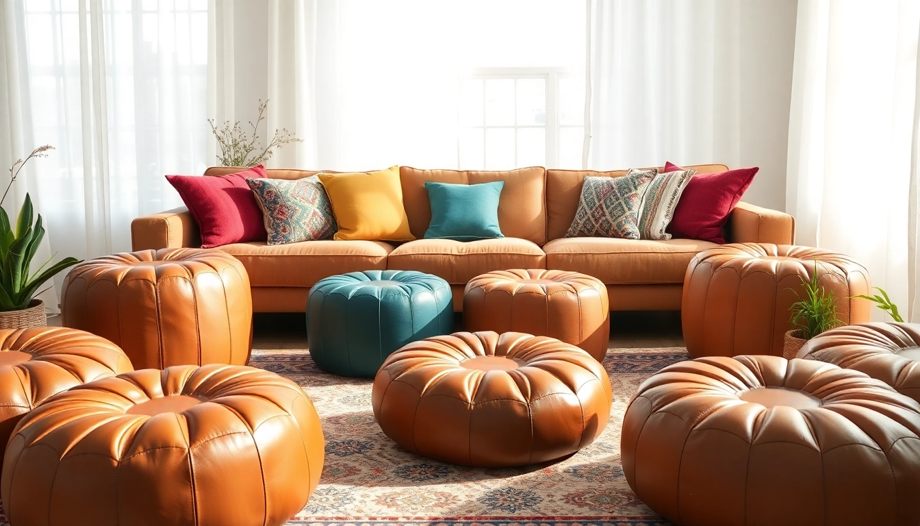 Stylish Moroccan Leather Poufs and Ottomans enhancing a cozy living room decor.