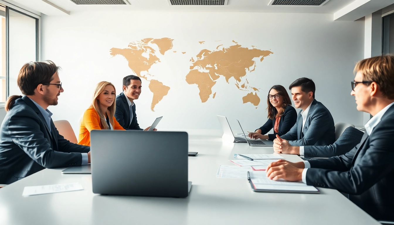 Engaged professionals discussing trade agreements in a bright, modern conference room.