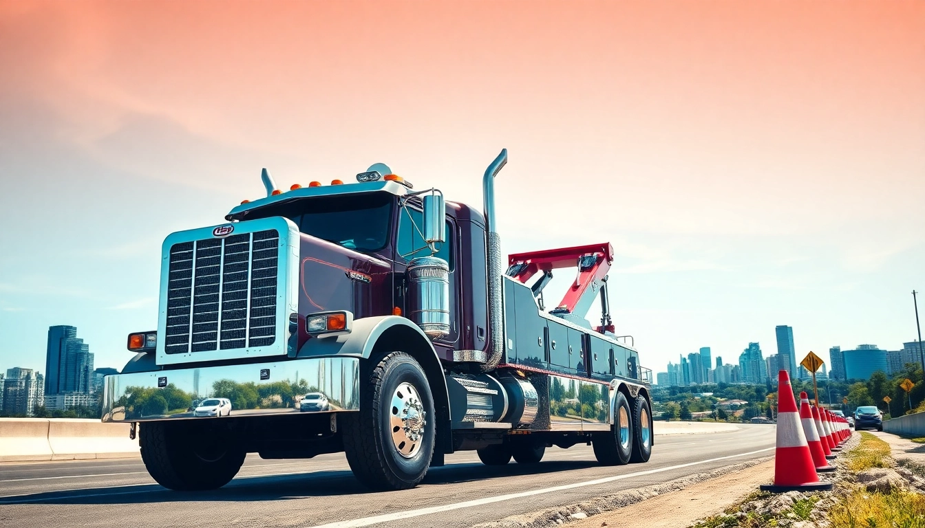 Heavy duty big rig tow truck parked on a busy urban street, showcasing durability and strength.