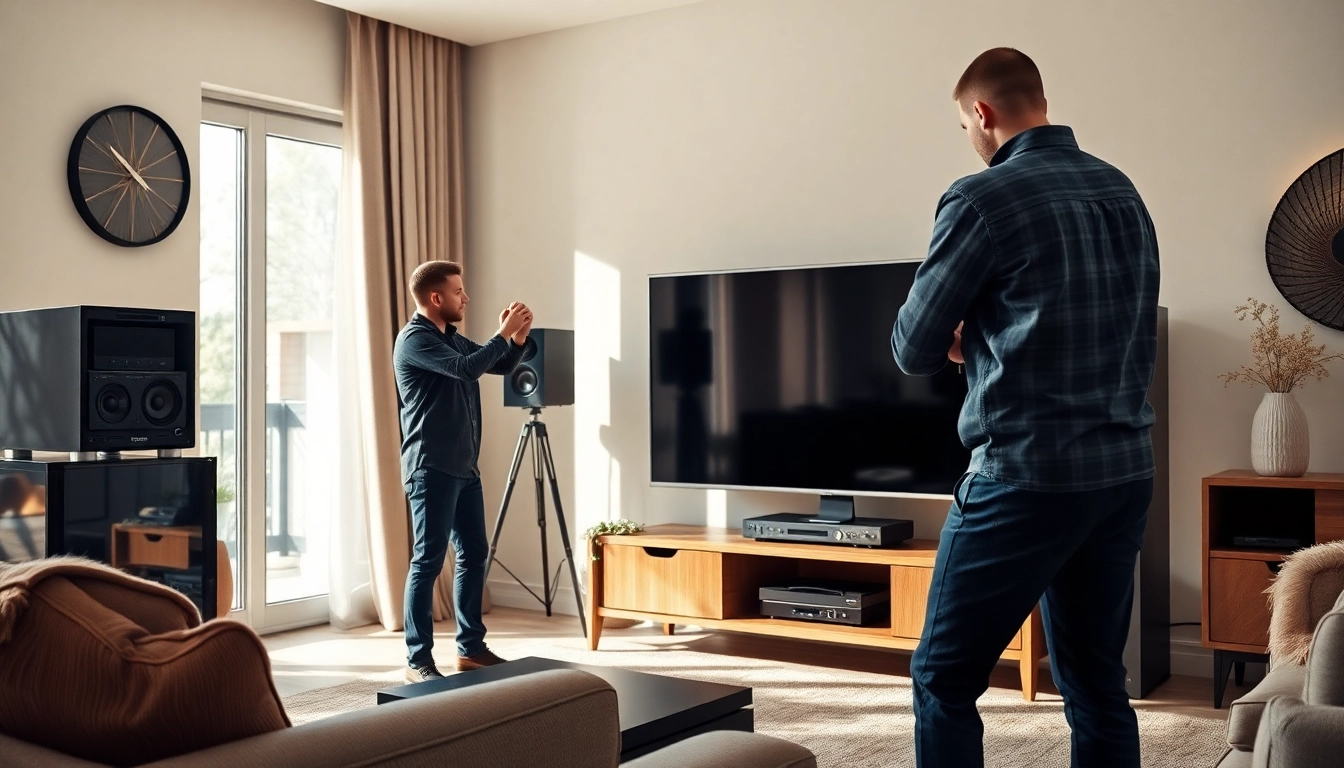 Enhance your home audio installation near me with a professional technician setting up surround sound.
