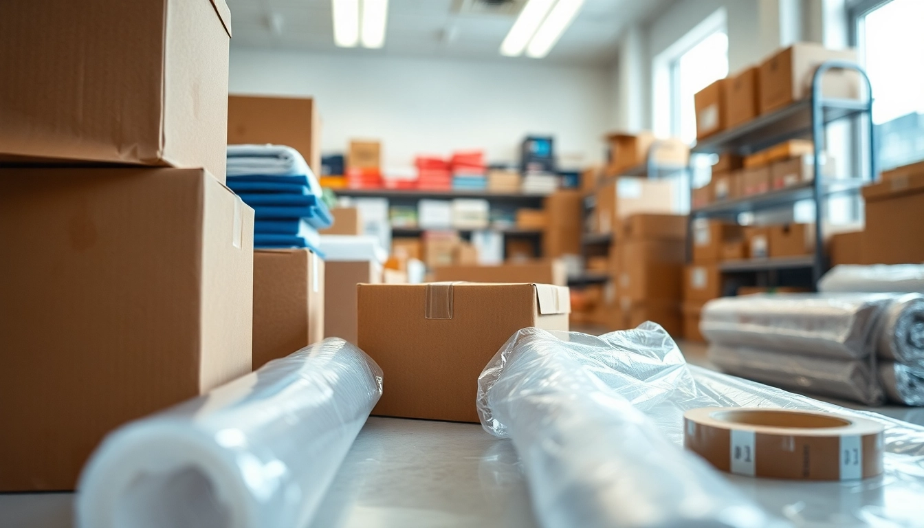 Packing Materials displayed professionally in a bright store, showcasing various packing supplies.