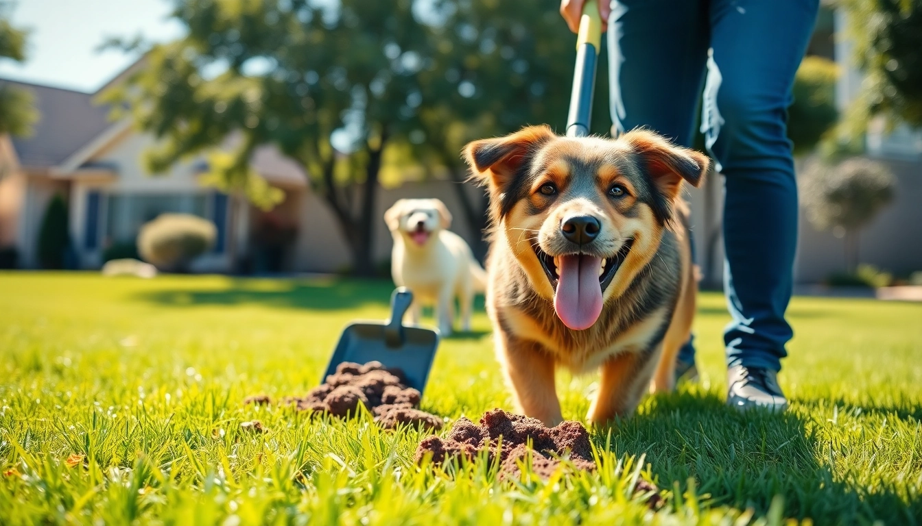 Person cleaning up dog poop in yard, demonstrating how to clean up dog poop effectively.