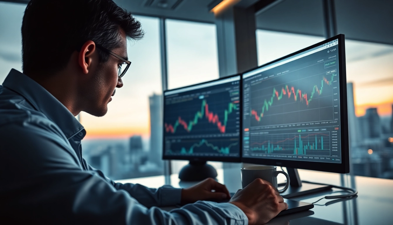 Engaging in AI trading with advanced market analysis tools in a modern office setting.
