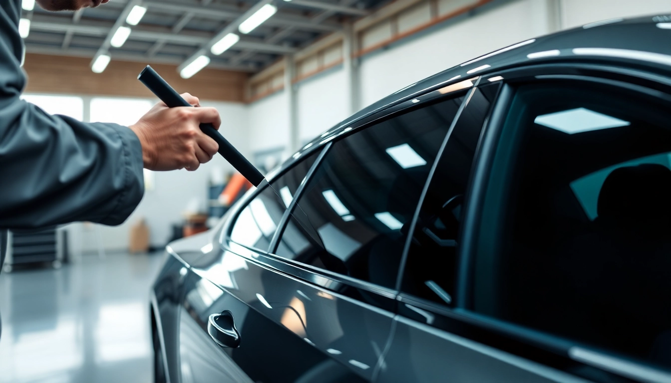 Technician applying car tint to a luxury vehicle, showcasing precise workmanship and advanced tools.