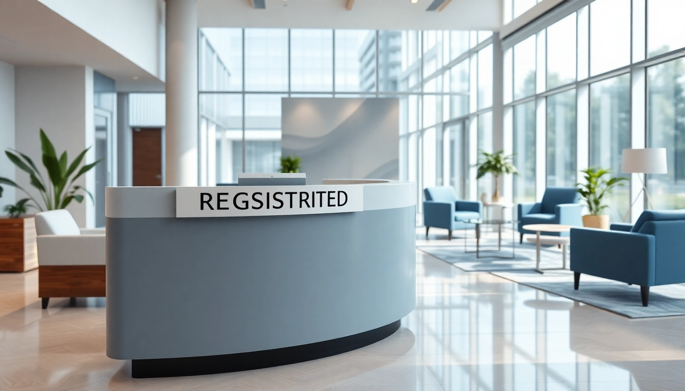 Highlighting a registered office address in an elegant business office reception area.