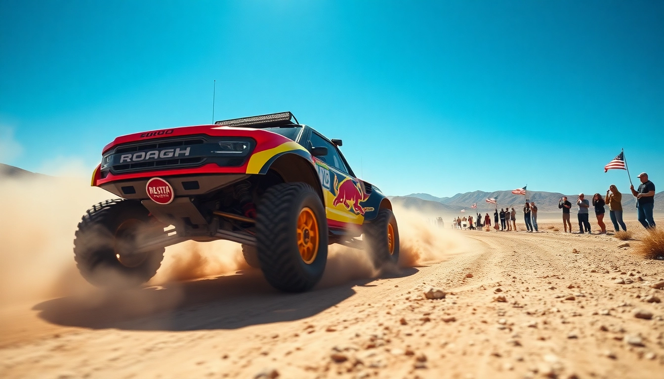 Baja race trophy truck speeding through a rugged desert landscape with cheering spectators.