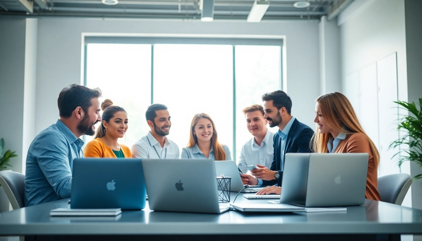 Virtual Assistants collaborating in a modern office environment, emphasizing teamwork and productivity.