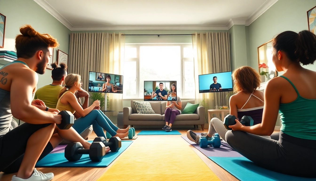 Join engaging online gym training sessions featuring diverse individuals and vibrant settings.