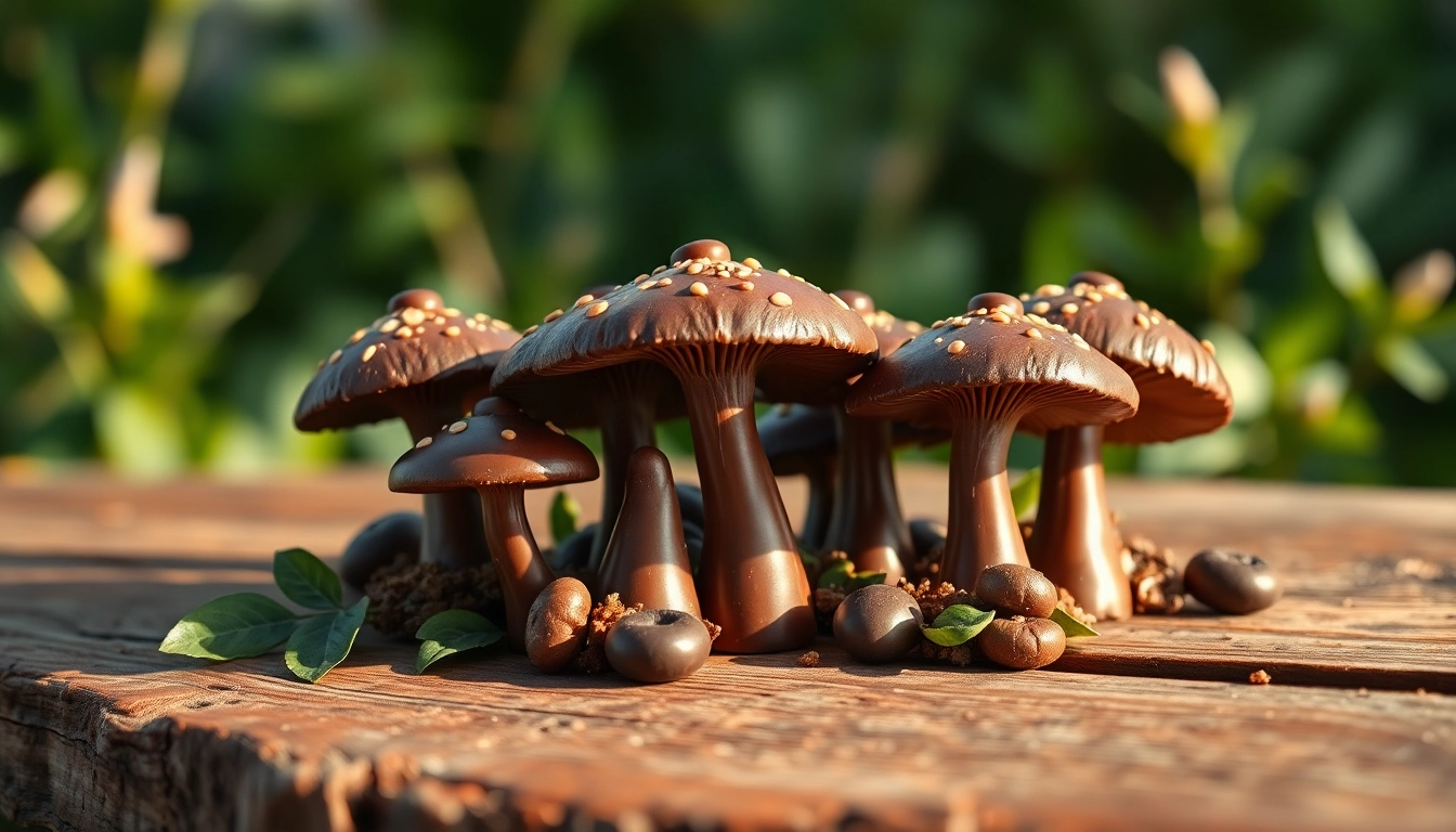 Indulge in visually stunning chocolate mushrooms beautifully arranged on a rustic table.