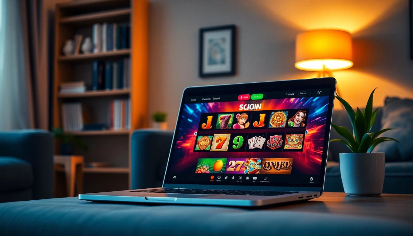 Platform online gaming merahtoto dengan grafis menarik di laptop dalam ruangan nyaman.