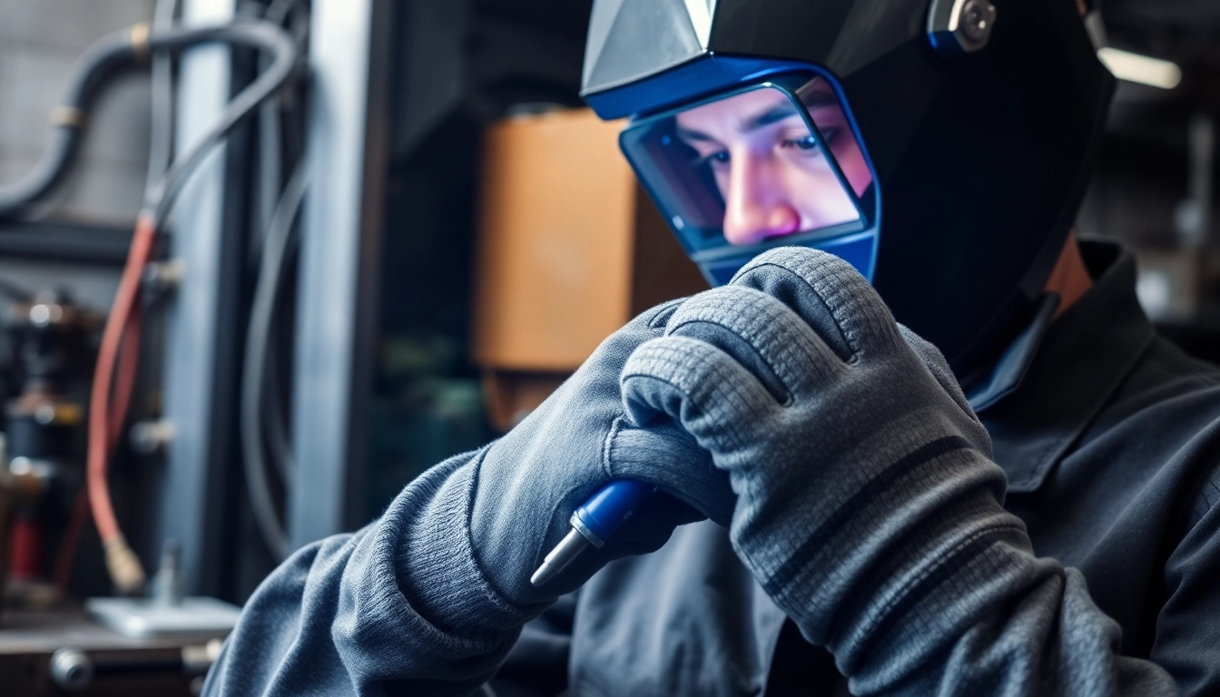 Welder demonstrating welding gloves with heat resistance and ergonomic design