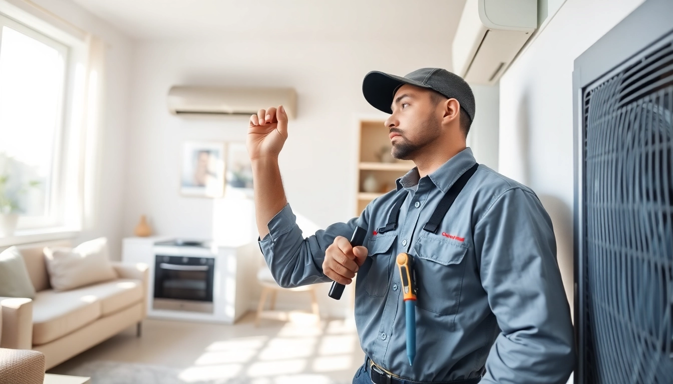 Technician providing Los Angeles HVAC services in a sunlit room, maintaining a heating system.