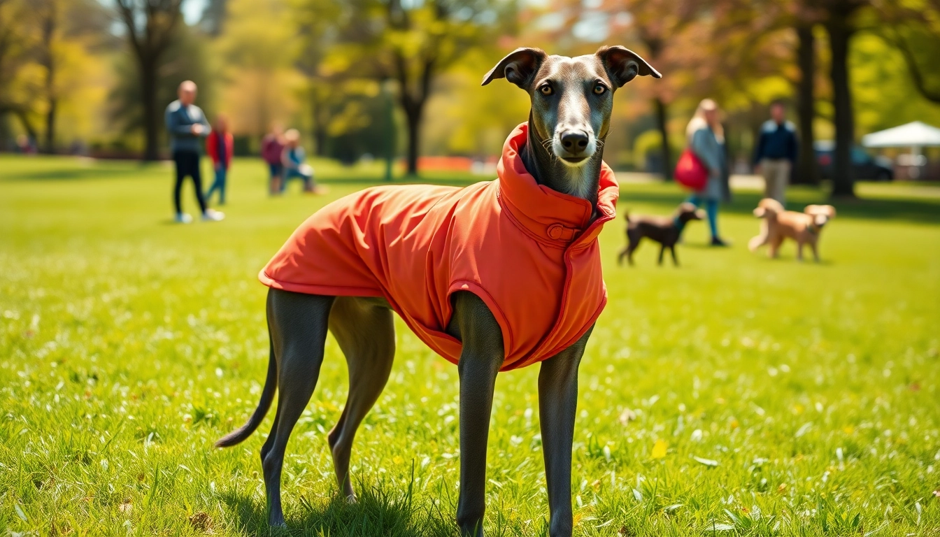 Stylish greyhound showcasing PIKAPIKA Greyhound Clothes in a sunny park.