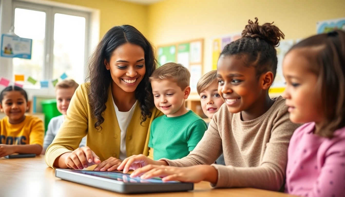 Children engaged in 11 plus tuition with a supportive tutor in a bright classroom.