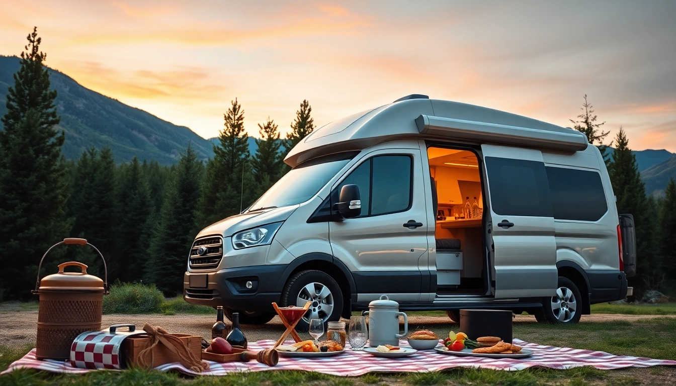 Relaxing setup near a perfect campervan in a scenic mountain backdrop.