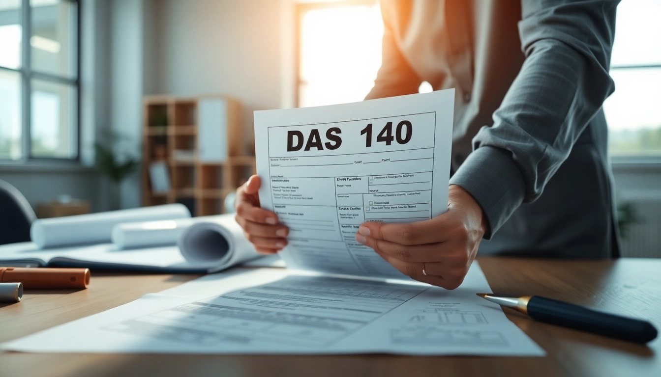 Contractor completing the DAS 140 form in a professional office environment.