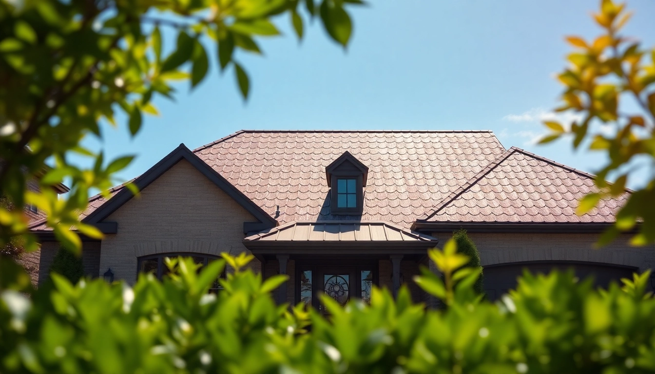 Showcase of luxury metal roofing with textured shingles on an upscale home surrounded by greenery.