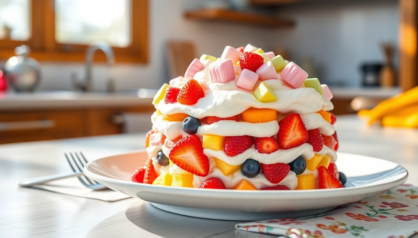 Enjoying a delicious Ambrosia dessert featuring fresh fruits and whipped cream.