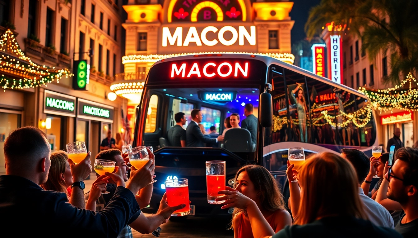 People celebrating in a macon party bus with drinks, amidst a vibrant festive background.