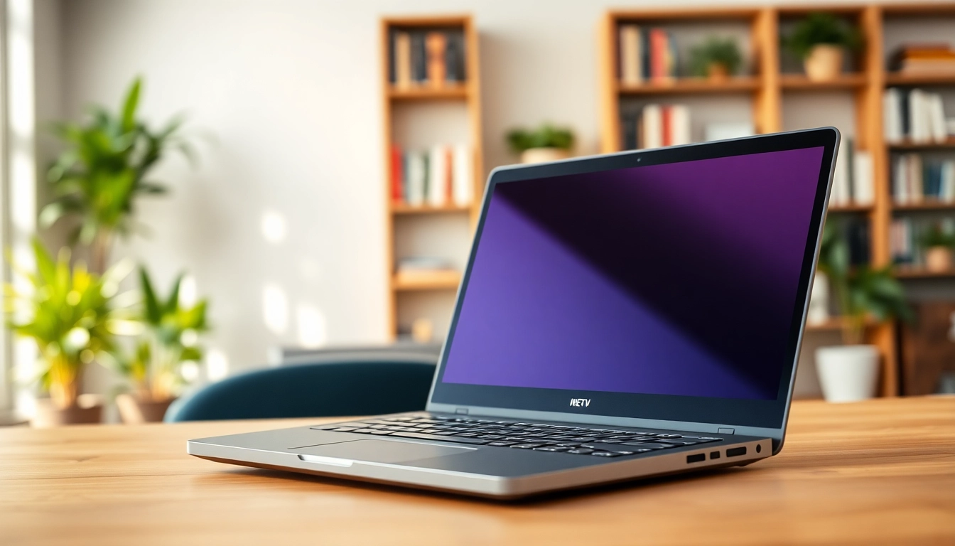 Εξετάστε το refurbished laptop σε ένα κομψό γραφείο με φυσικό φωτισμό.