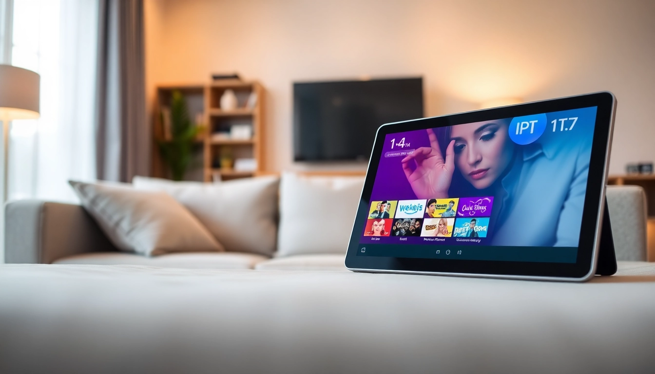 Browse IPTV Subscription options on a modern tablet in a cozy living room setting.