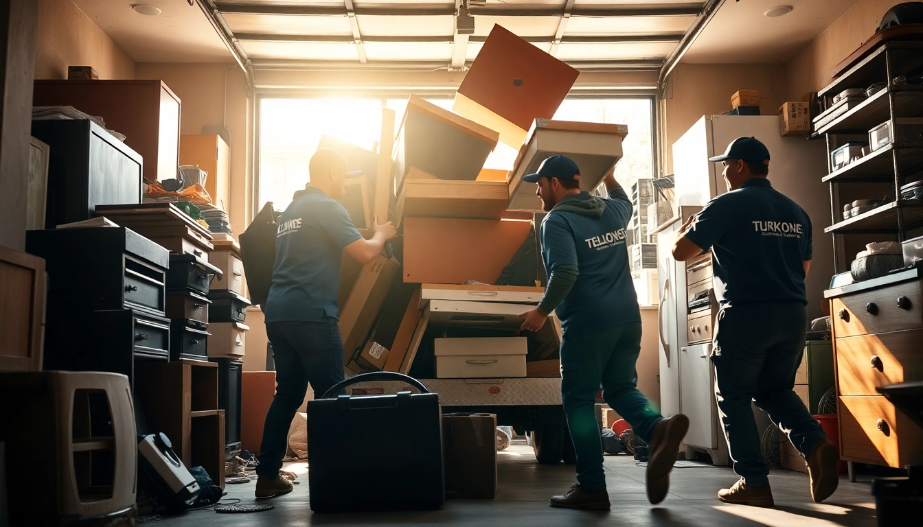 Efficient junk removal service team clearing cluttered garage space in action.