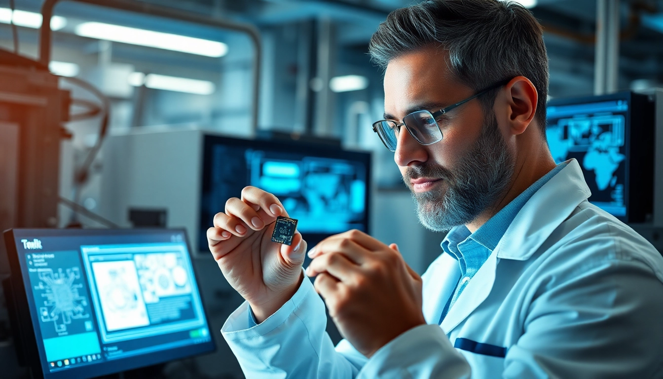 Engineer examining an American microchip in a modern laboratory.