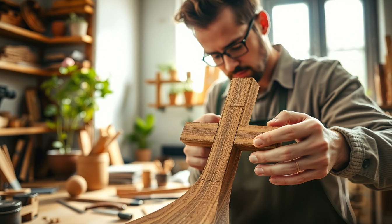 Handmade crosses being crafted by an artisan, showcasing intricate details and natural wood textures.