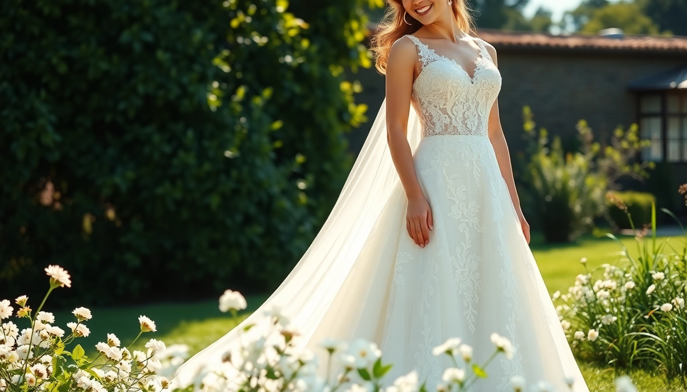 Bridal model showcasing a beautiful fit and flare wedding dress in a serene outdoor setting.