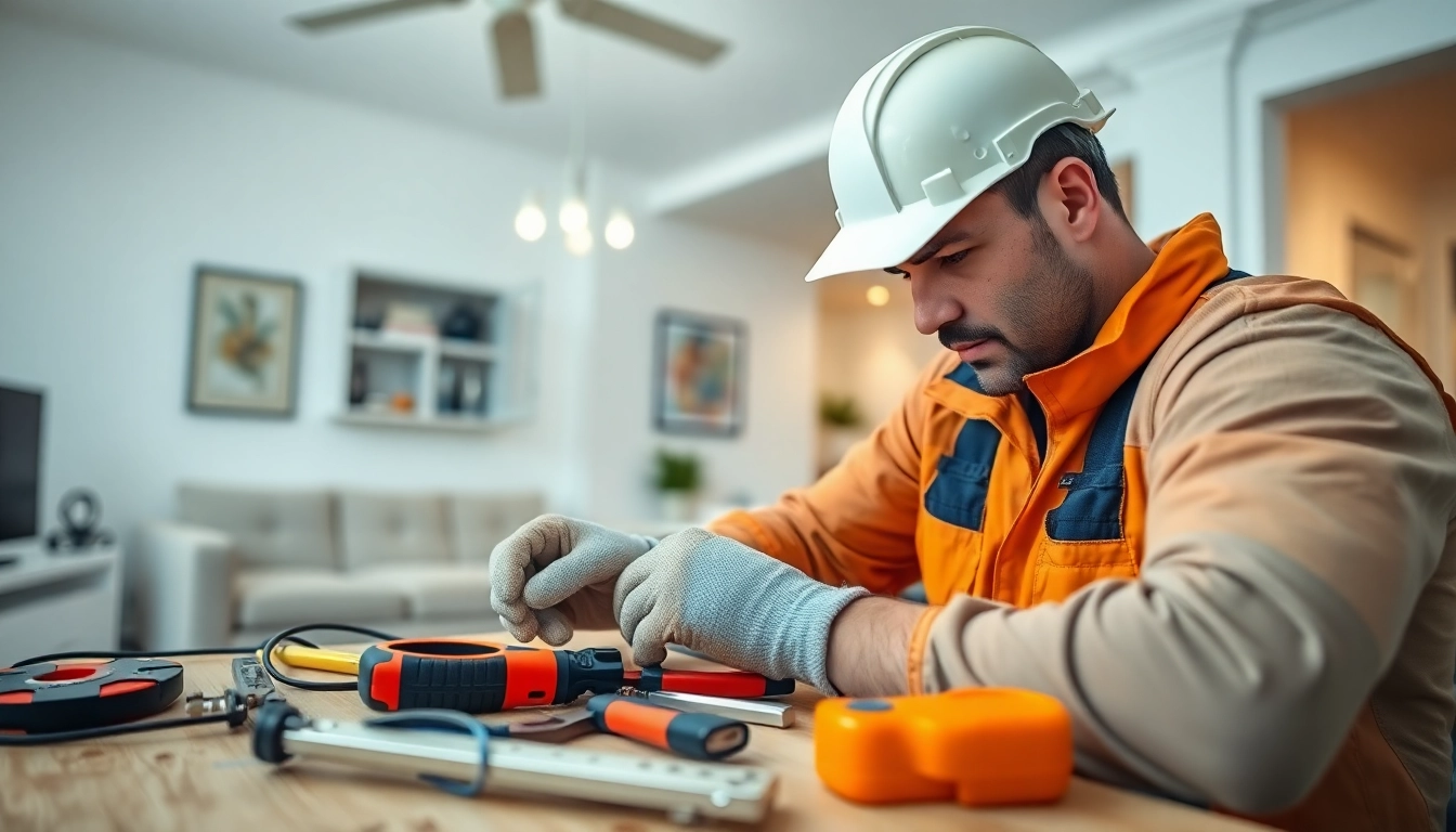 Electrician Clearwater expertly working on residential wiring in a bright living room.