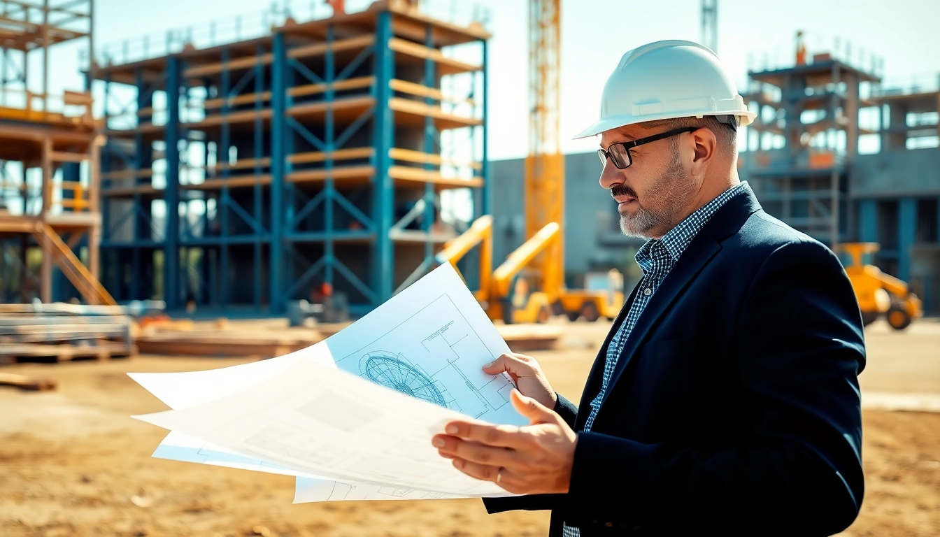 Reviewing plans for nvq level 6 construction site management answers at a bustling construction site.