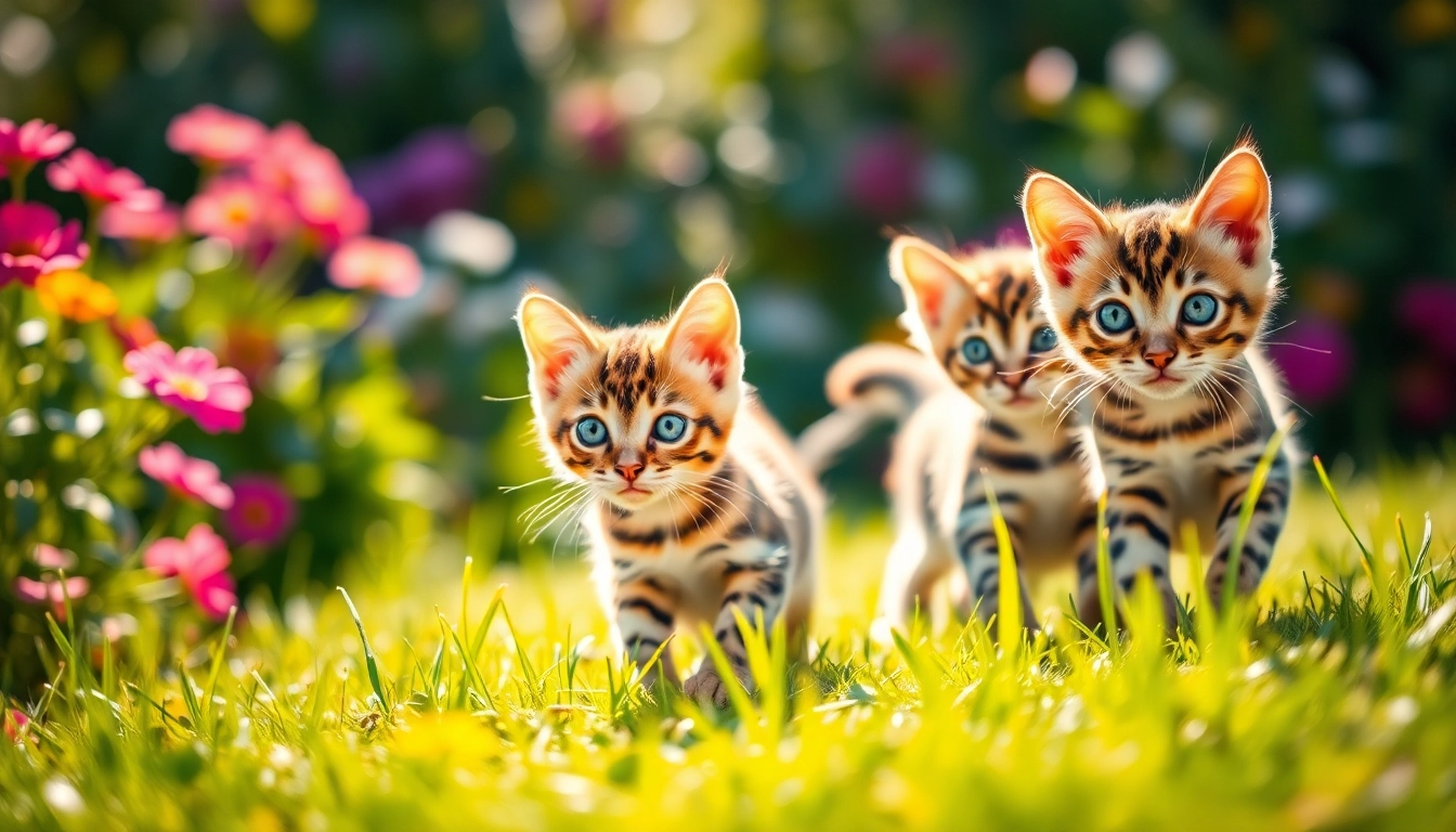 Adopt playful Bengal Kittens for Sale in a vibrant sunlit garden setting.