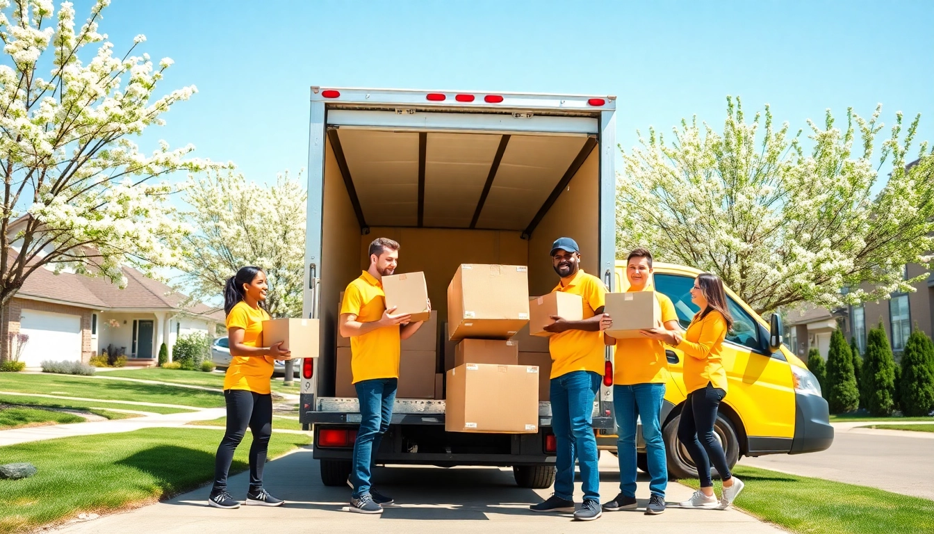 Team providing moving services Edmonton efficiently packs boxes into a truck outdoors.
