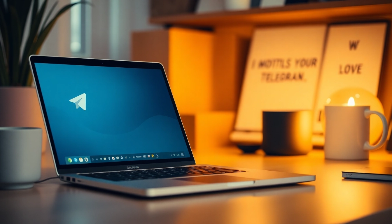 Engage with Telegram電腦版 on a stylish laptop in a warm and inviting workspace.