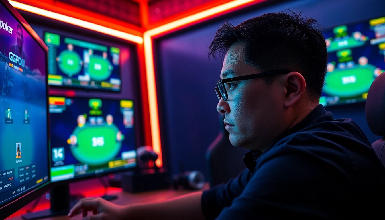 使用GGPoker客户端进行在线扑克游戏的专业玩家在现代游戏室中专注比赛