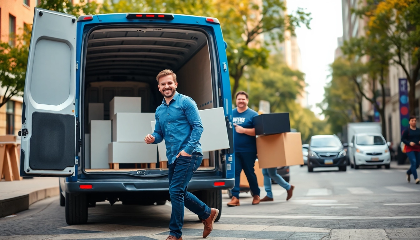 Man and van moving service efficiently loading items into a spotless van in an urban backdrop.