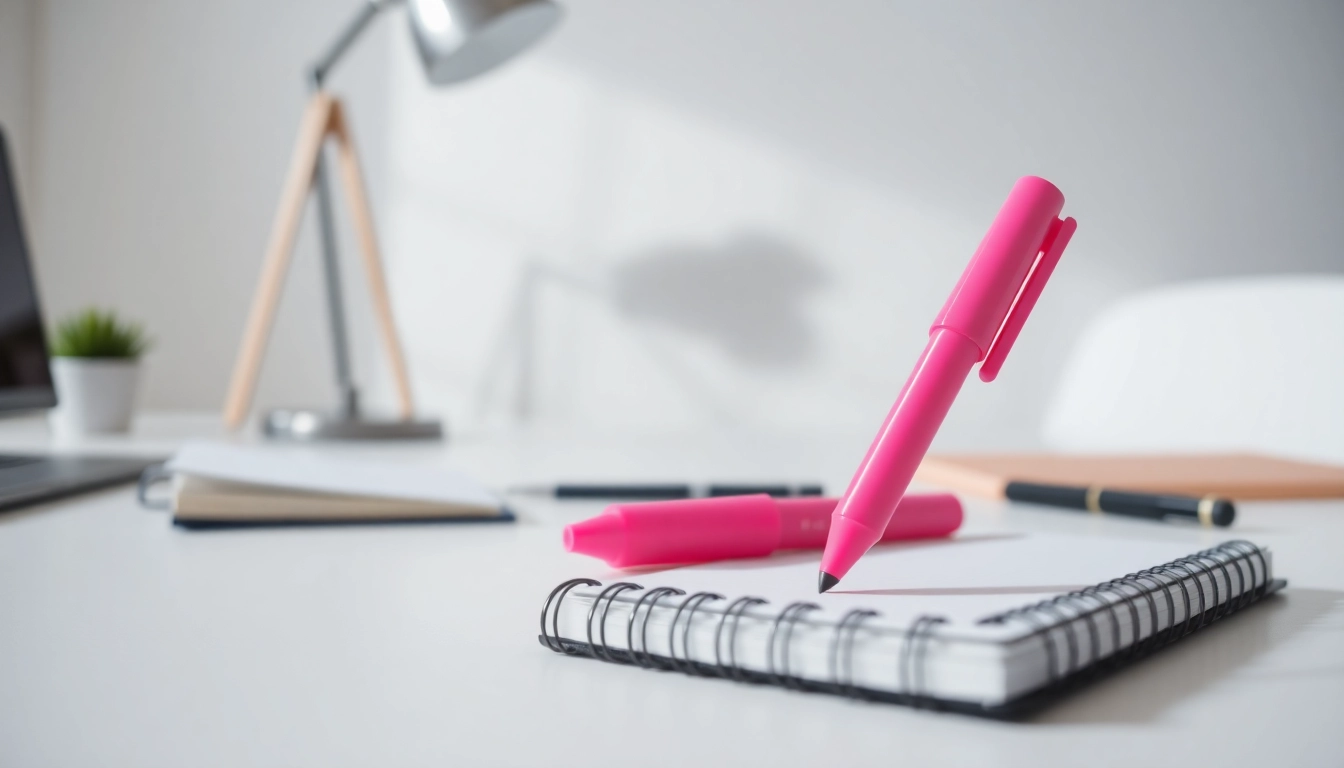 Highlight your notes effectively with a vibrant pink highlighter pen on a clean desk.